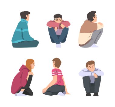 Zeminde Farklı Poz Vektörü Dizisinde Oturan Karakterler. Genç adam ve kadın rahatlıyor ve hayal kuruyor.