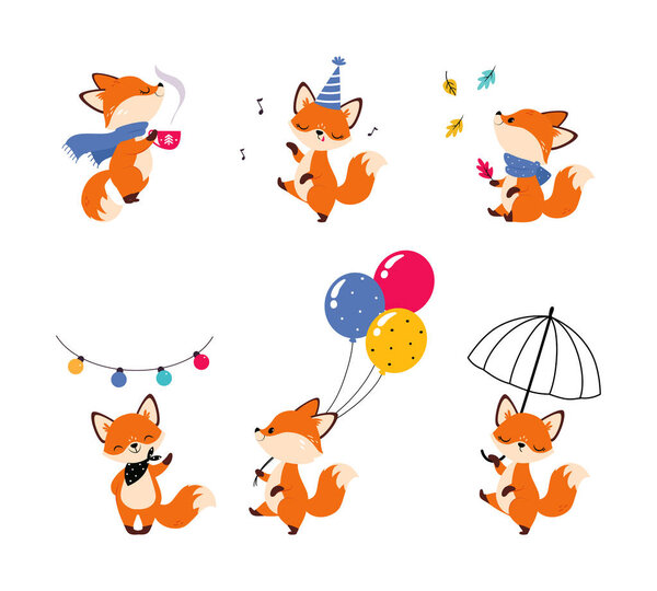 Cute Little Fox Engaged in Different Activity Vector Set. Friendly Forest Animal with Bushy Tail and Pointed Snout Concept