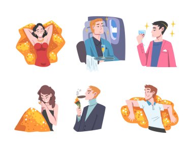 Zengin ve Varlıklı Kişiler Varlıklarının Bolluğu Nakit Vektör İllüzyonu Seti 'nde. Genç Erkek ve Kadın Lüks içinde Yaşıyor Para Harcama Konsepti