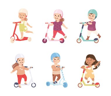 Gülümseyen Çocuklar Scooter 'a binip Yer Vektörü setinden itiyorlar. Neşeli Çocuklar Sokak Aracında Hareket Ediyor Açık Hava Eğlencesi Etkinliği Konsepti
