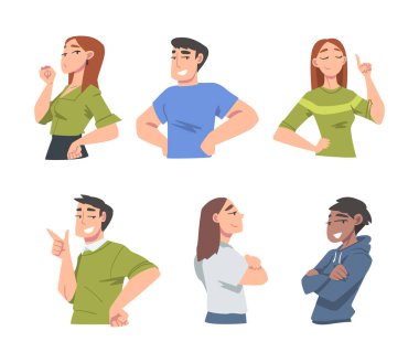 Kendine güvenen genç adam ve kadın elleri kalçalarında ve kolları kavuşturulmuş gururlu vektör seti. Kibirli Yüz İfadesi Olan Erkek ve Kadın