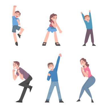 Heyecanlı Halk Karakterleri Zaferi Kutluyor Başarı ve Pozitif Duygular Vektör Kümesi. Mutlu Adam ve Kadın Evet ve Bitti Hareketi Gösteriyor