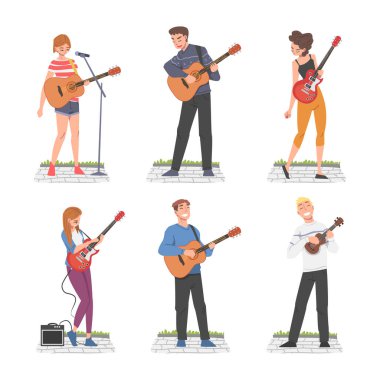 Genç Adam ve Kadın Müzisyen Karakteri Gitar Çalıyor ve Sokak Konseri Vector Set 'i söylüyor. Erkek ve Kadın Müzikal Dizgi Aracı Akustik Performans Gösteriyor