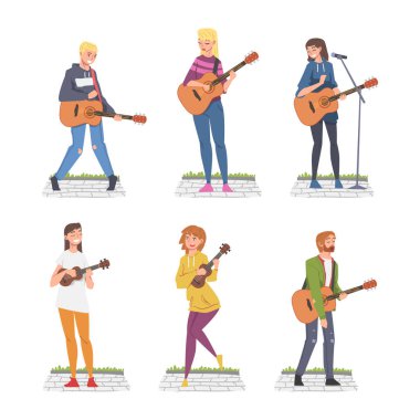 Genç Adam ve Kadın Müzisyen Karakteri Gitar Çalıyor ve Sokak Konseri Vector Set 'i söylüyor. Erkek ve Kadın Müzikal Dizgi Aracı Akustik Performans Gösteriyor