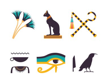 Ancient Egyptian Symbol with Black Cat, Eye of Horus, Flower and Crossed Whip and Sceptre Vector Set. Famous Ethnic Attribute of Egypt and Culture Artifact Concept clipart