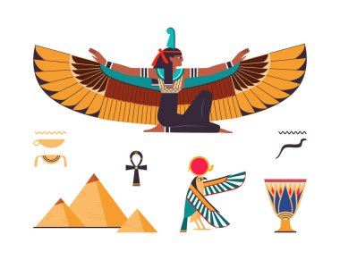 İsis Tanrıçası, Horus Tanrısı, Ankh, vazo ve Piramit Vektör Kümesi ile Eski Mısır Sembolü. Mısır ve Kültür Eseri 'nin Meşhur Etnik Özniteliği