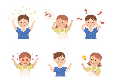 Küçük Oğlan ve Kız Yüz İfadesi ve Duygusal Vektör Seti. Farklı Yüz Tepkisi ve Duyguları Olan Komik Çocuk Portresi