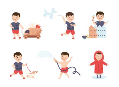 Çocukluk dönemindeki küçük çocuk eğlence etkinlik vektörü setiyle meşgul oldu. Mutlu Çocuk Bebek Yaşamının Tadını Çıkartıyor