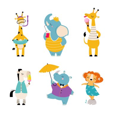 Şirin Afrika Hayvanı Sıcak Yaz Etkinliği Vektörü Seti 'nin keyfini çıkarıyor. Tropikal Plaj Resort 'unda yaz tatili kavramına sahip komik memeli.