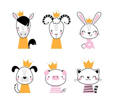 Altın Crown vektör seti takan sevimli hayvan kafası. Komik memeli surat ya da hayvanat bahçesi kralı burnu.