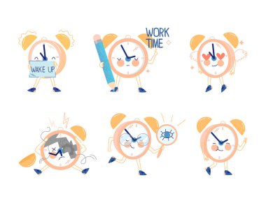 Funny Clock Character with Cute Face Vector Set. Cute Dial or Timepiece with Clock Hand Indicating Time Concept clipart