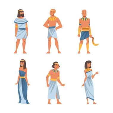 Mısırlı Erkek ve Kadın Karakter Özgün Giyinen ve Kolye Vektör Seti. Gülümseyen Erkek ve Kadın Antik Mısır Medeniyetinin Vatandaşı