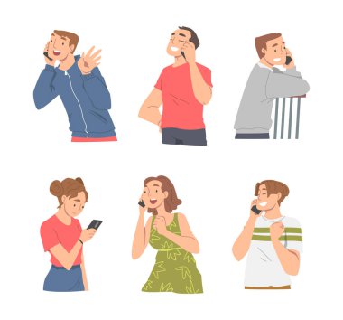 Halk Karakteri Telefonla İyi Haber Almak ve Mesajı Okumak Vektör İllüzyonu Ayarları. Neşeli Genç Adam ve Kadın Mutlu Bir Haberleri Var
