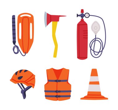 Helmet, Jacket, Gas Silindir, Axe, Cone ve Life Float Vector Set acil durum ekipmanları. Olağanüstü Durum Kavramında Kullanışlı Araç