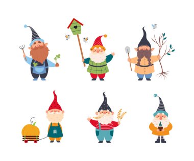 Sivri Şapkalı Sakallı Şirin Cüce Karakteri Farklı Etkinlik Vektörüne Bağlandı. Komik Yeraltı veya Bahçede Yaşayan Cüce veya Peri Masalı Kavramından Cüce