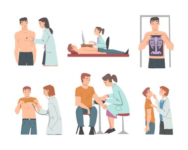 Beyaz Önlüklü Doktor Hasta Vektör Seti 'nde sağlık kontrolü ve sağlık taraması. Hastane Konseptinde Fiziksel Muayene ve Denetleme Yapan Erkek