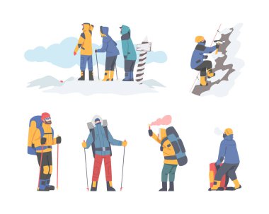 Kış Dağcılığında Sırt Sırtçantalı Karakterler ya da Yüksek Zirveye Tırmanan Yükseklik Vektör Çizimi. Kar ve buzla kaplı Erkek ve Kadın Yükselen Dağlar