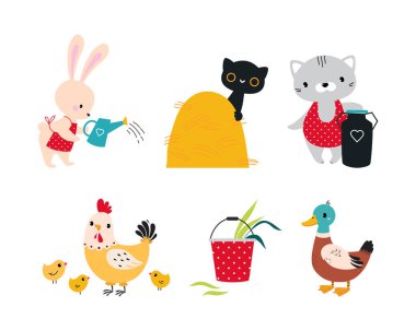 Çiftlikteki Şirin Çiftlik Hayvanları Bahçecilik ve Tarım Vektörü Seti 'nde. Countryside Concept 'da Komik Çiftlik Hayvanları Karakteri