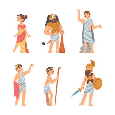 Etnik Kıyafet Vektörü İllüstrasyonunda Yunanlılar ya da Helenes Halkı Karakteri. Geleneksel Giysi Konsepti Giyen Antik Yunan Erkek ve Kadın