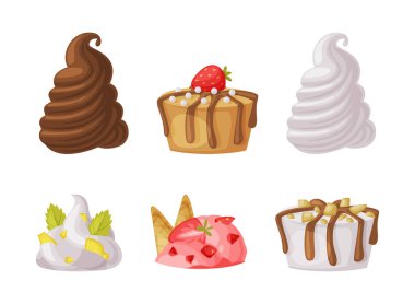 Meyve ve Çukulatalı Dondurma Parçaları Girdap Vector Set. Yumuşak Donmuş Tatlı ve Tatlı Atıştırmalık Kavramı