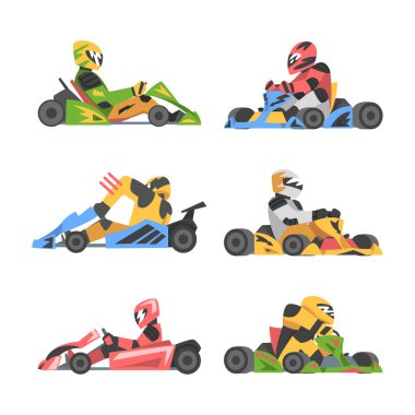 Motorsport Road Extreme Vector Set 'te Açık Tekerlekli Araba Yarışçısı ile Kart Yarışı veya Karting. Renkli Go-kart Yarışması Kurulu 'nda Miğferli Erkek