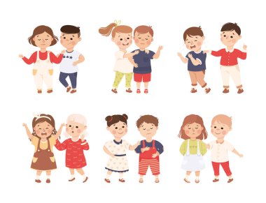 Ağlayan Arkadaş Vektör Seti 'ni destekleyen ve rahatlatan küçük çocuklar. Nazik Çocuk Yatıştırıcı ve Teselli Edici Yaşlılık Hisseden Empati Konsepti