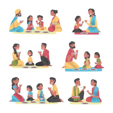 Yerlerde oturan ve vektör seti olan Hintli bir aile. Geleneksel Etnik Giyimli Erkek ve Kadın Ebeveynler Akşam Yemeği Konsepti