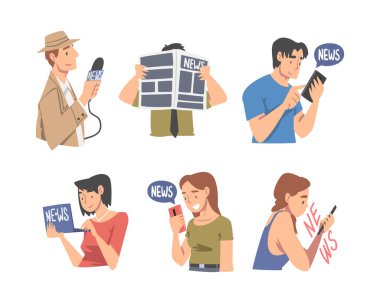 People Character Gathering News from Smartphone, Web Page and Newspaper Vector Set. Young Man and Woman Collecting Information about Current Events Through Media Concept clipart