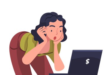 Şanslı Kadın Başarı Kutlaması ve Heyecanlı Nefes Kesen Zafer Dizüstü Bilgisayar Ekran Vektörü İllüstrasyonuna Bakıyor. Neşeli Kadın Kazanan Zafer Konseptiyle Seviniyor