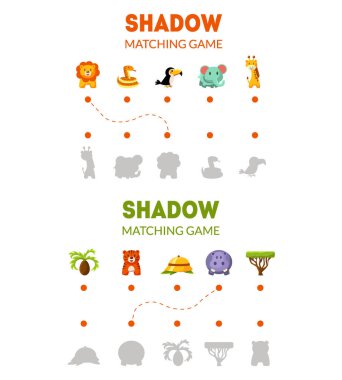Doğru gölge eşleştirme oyununu bul. Şirin Afrikalı hayvanlarla ilgili eğitici bulmaca vektör çizimi