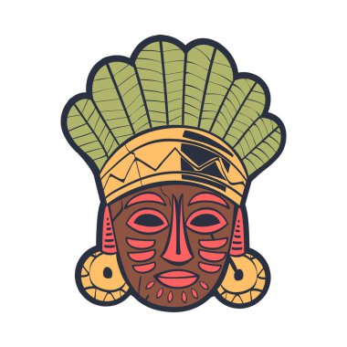 Aztek tören maskesi. Maya uygarlığı kültürel eser çizgi film vektör çizimi beyaza izole edildi