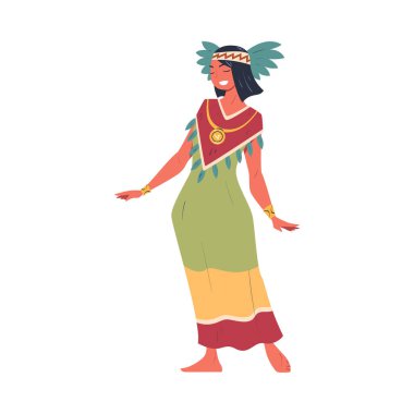 Geleneksel kostümlü ve başlıklı Maya kadını beyaz renkte izole edilmiş vektör çizimi