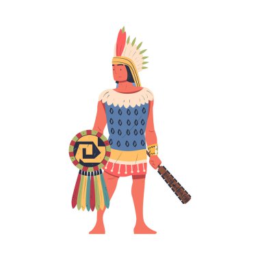Geleneksel kostümlü ve başlıklı Maya erkeği beyaz üzerinde izole edilmiş vektör çizimi