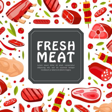 Taze Doğal Et Ürünleri Kasap Sancak Vektör Şablonu 'ndan. Biftek ve kaburga ile Poster Tasarımı Organik Protein Gıda Çeşitliliği Konsepti