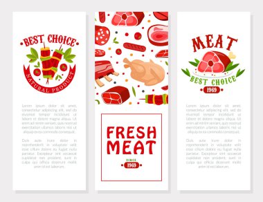 Taze Doğal Et Ürünleri Kasap Sancak Vektör Şablonu 'ndan. Biftek ve kaburga ile Poster Tasarımı Organik Protein Gıda Çeşitliliği Konsepti