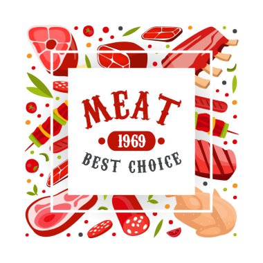 Taze Doğal Et Ürünleri Kasap Sancak Vektör Şablonu 'ndan. Biftek ve kaburga ile Poster Tasarımı Organik Protein Gıda Çeşitliliği Konsepti