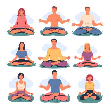 Huzurlu insanlar meditasyon yapıyor. Meditasyon pratiği, ahenk, sağlıklı yaşam tarzı vektör çizimi beyaza izole edilmiş.