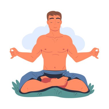 İnsan doğaya meditasyon yapıyor. Meditasyon pratiği, ahenk, sağlıklı yaşam tarzı vektör çizimi beyaza izole edilmiş.