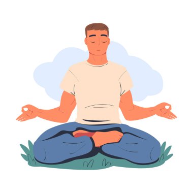 Nilüfer pozisyonunda meditasyon yapan barışçıl genç adam beyaz üzerinde izole edilmiş doğa vektör çizimi