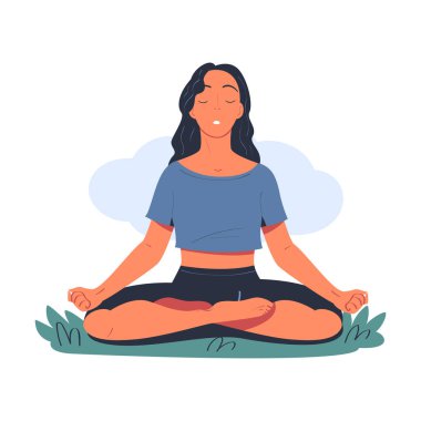 Nilüfer pozisyonunda meditasyon yapan barışçıl esmer kız beyaz üzerinde izole edilmiş vektör çizimi.