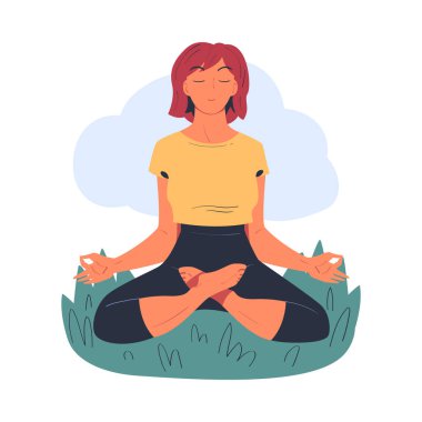 Güzel barışçıl kadın doğa üzerinde meditasyon yapıyor. Meditasyon pratiği, ahenk, sağlıklı yaşam tarzı vektör çizimi beyaza izole edilmiş.