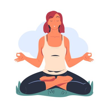 Güzel, barışçıl bir kadın, doğa üzerine lotus pozisyonunda otururken meditasyon yapıyor. Meditasyon pratiği, ahenk, sağlıklı yaşam tarzı vektör çizimi beyaza izole edilmiş.