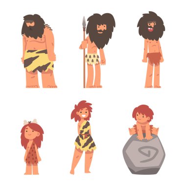 Primitive People Character from Stone Age Wearing Animal Skin Vector Set. Cave Hairy Man and Woman from Early Prehistoric Period Concept clipart