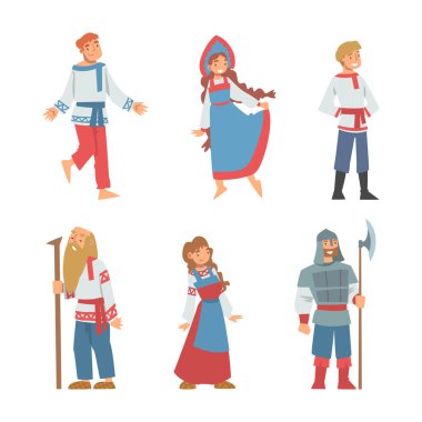 Etnik Giyim Vektörü Set 'te Slav ya da Slavonya Halkı Karakteri. İşlemeli Halk Elbisesi Giyen Avrupalı Erkek ve Kadın Konsepti