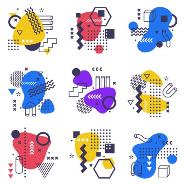 Renk Sıçratma ve Geometrik Şekiller Vektör Ayarlı Soyut Bileşim. Blob ve Rakamlarla Soyut Tasarım