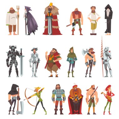 Medieval People Characters with Peasant, King, Warlock, Knight, Headsman, Archer and Bard Vector Set. Character from the Middle Ages Concept clipart