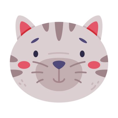 Sevimli kedi yavrusu hayvan başı. Beyaz arkaplanda izole edilmiş çocuk odası dekorasyonu, kart veya davetiye tasarımı vektör çizimi