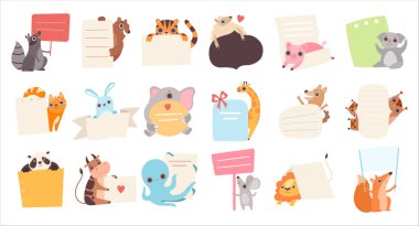 Cute adorable animals with blank banners set. Diary, memo, daily planner, to do list, notebook, cards, stickers design vector illustration isolated on white clipart