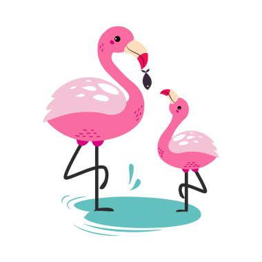 Flamingo ailesi. Tatlı anne flamingosu ve beyaz arka planda izole edilmiş bebek çizgi film çizimi.