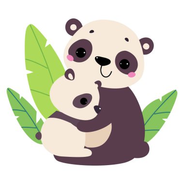 Panda ailesi. Sevimli anne panda beyaz arka planda izole edilmiş bebek çizgi film vektör çizimine sarılıyor.